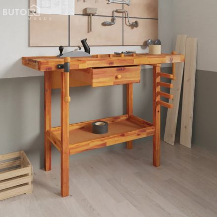 vidaXL tömör akácfa munkaasztal fiókkal és satukkal 124 x 52 x 83 cm