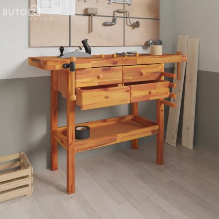 vidaXL tömör akácfa munkapad fiókokkal és satukkal 124 x 52 x 83 cm