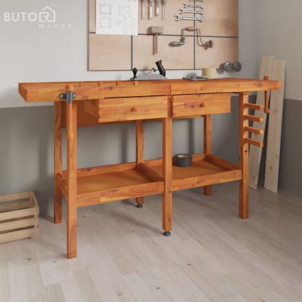 vidaXL tömör akácfa munkaasztal fiókokkal és satukkal 162 x 62 x 83 cm