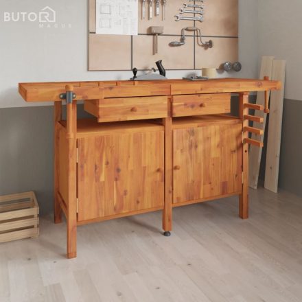 vidaXL tömör akácfa munkaasztal fiókokkal és satukkal 162 x 62 x 83 cm