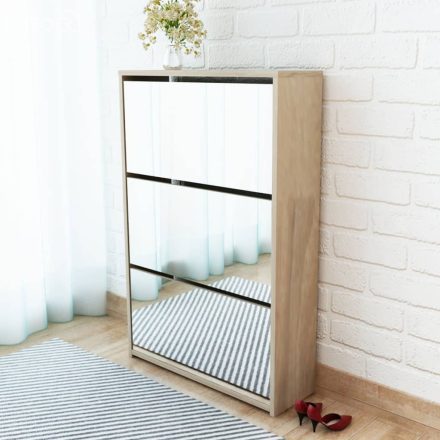vidaXL 3 szintes tölgyfa cipőszekrény tükörrel 63 x 17 x 102,5 cm