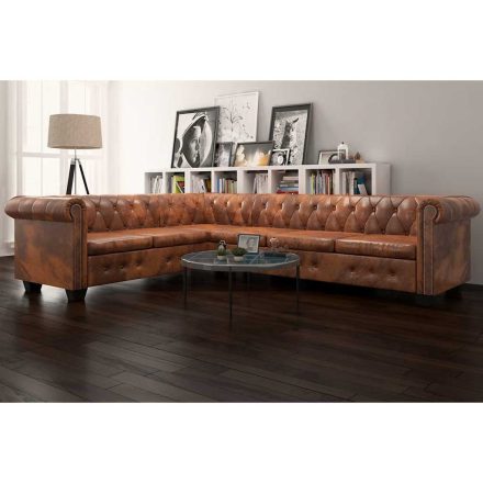 vidaXL 6 személyes barna műbőr Chesterfield sarok kanapé 