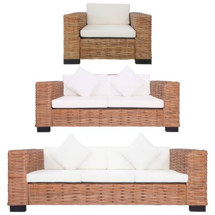 vidaXL 3 részes természetes rattan kanapészett párnákkal 