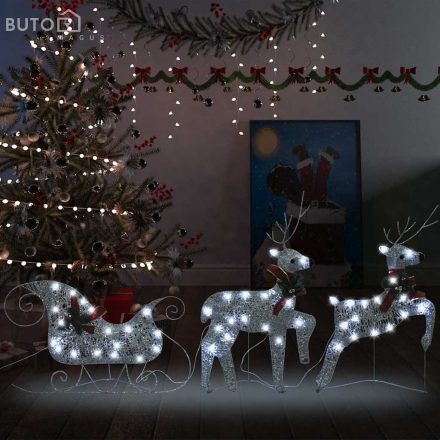 vidaXL ezüst kültéri rénszarvas és szán karácsonyi díszítés 60 LED-del