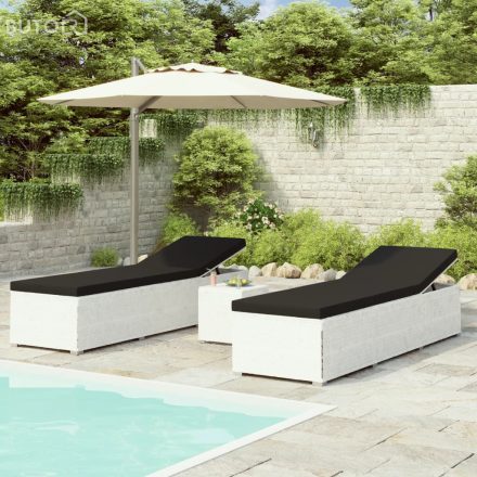 vidaXL 3 részes fehér polyrattan kerti napozóágy szett asztallal