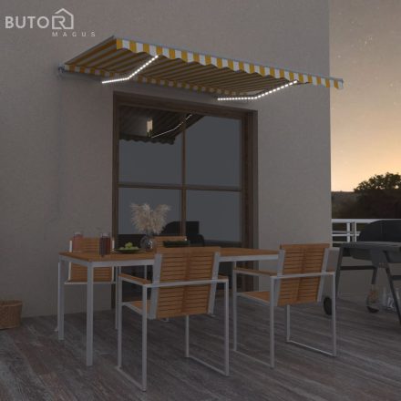 vidaXL sárga és fehér kézzel kihúzható LED-es napellenző 300 x 250 cm