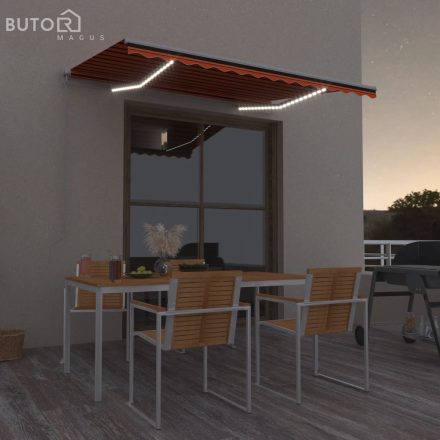 vidaXL narancs és barna kézzel kihúzható LED-es napellenző 300x250 cm