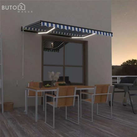 vidaXL kék és fehér kézzel kihúzható LED-es napellenző 350 x 250 cm