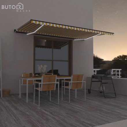 vidaXL sárga és fehér kézzel kihúzható LED-es napellenző 500x350 cm