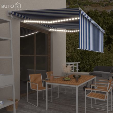 vidaXL kék és fehér redőnyös, szélérzékelős, LED-es napellenző 4,5x3 m 