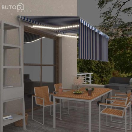 vidaXL kék/fehér LED-es kézzel kihúzható napellenző redőnnyel 3x2,5 m