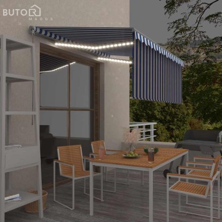 vidaXL kék és fehér kihúzható LED-es napellenző redőnnyel 3,5 x 2,5 m