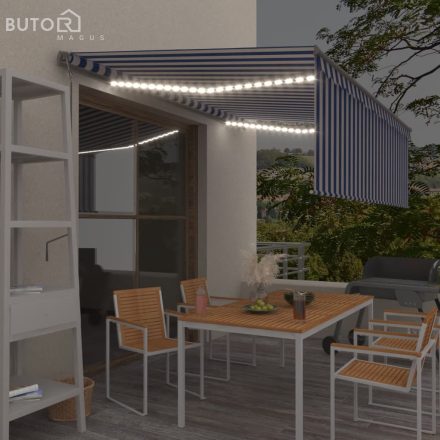 vidaXL kék és fehér redőnyös, szélérzékelős, LED-es napellenző 4,5x3 m