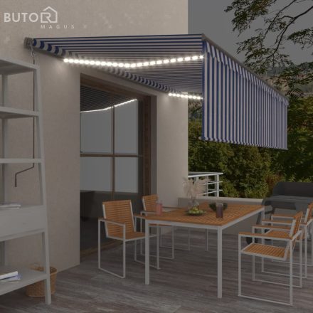 vidaXL kék és fehér redőnyös, szélérzékelős, LED-es napellenző 5x3 m