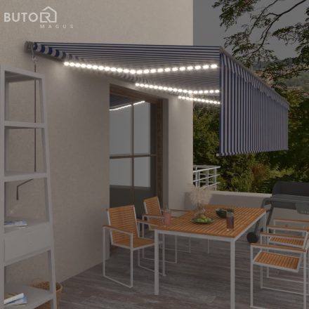 vidaXL kék és fehér redőnyös, szélérzékelős, LED-es napellenző 6x3 m
