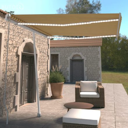 vidaXL sárga és fehér kézzel kihúzható LED-es napellenző 300 x 250 cm
