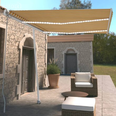 vidaXL sárga és fehér kézzel kihúzható LED-es napellenző 350 x 250 cm