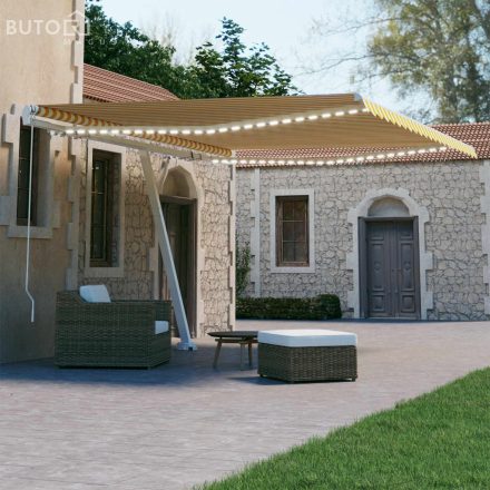 vidaXL sárga és fehér kézzel kihúzható LED-es napellenző 450 x 300 cm
