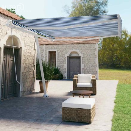 vidaXL kék és fehér kézzel kihúzható póznás napellenző 400 x 350 cm