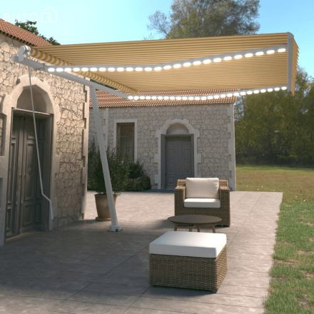 vidaXL sárga és fehér kézzel kihúzható LED-es napellenző 450 x 350 cm