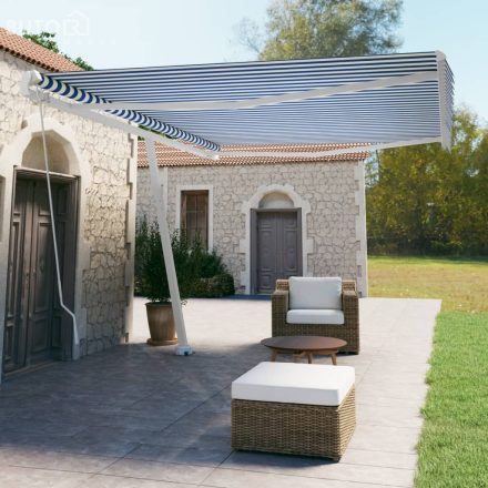 vidaXL kék és fehér kézzel kihúzható póznás napellenző 500 x 350 cm