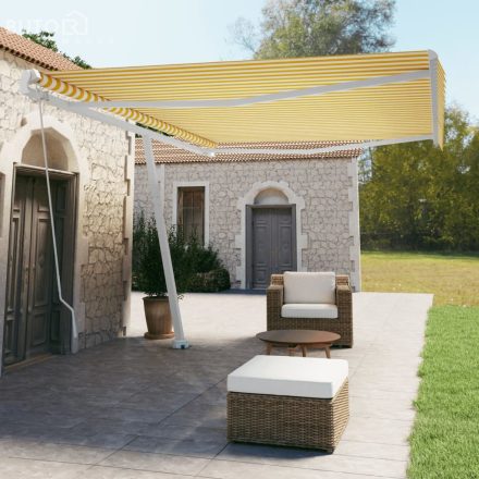 vidaXL sárga-fehér kézzel kihúzható póznás napellenző 500 x 350 cm