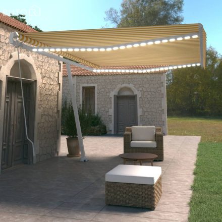 vidaXL sárga és fehér kézzel kihúzható LED-es napellenző 500x350 cm