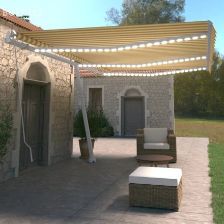 vidaXL sárga és fehér kézzel kihúzható LED-es napellenző 600 x 350 cm
