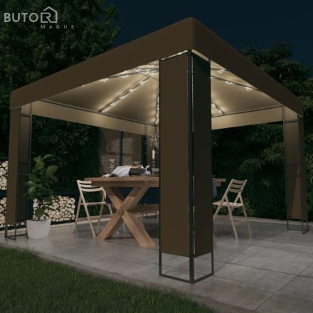 vidaXL tópszínű dupla tetős pavilon LED fényfüzérrel 3 x 3 x 2,7 m
