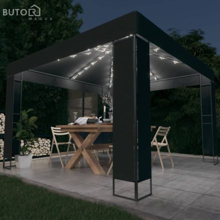vidaXL antracitszürke dupla tetős pavilon LED fényfüzérrel 3 x 3 m