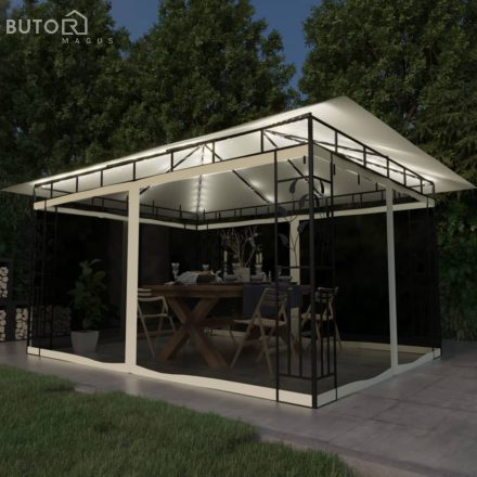 vidaXL krémszínű pavilon szúnyoghálóval/LED fényfüzérrel 4x3x2,73 m