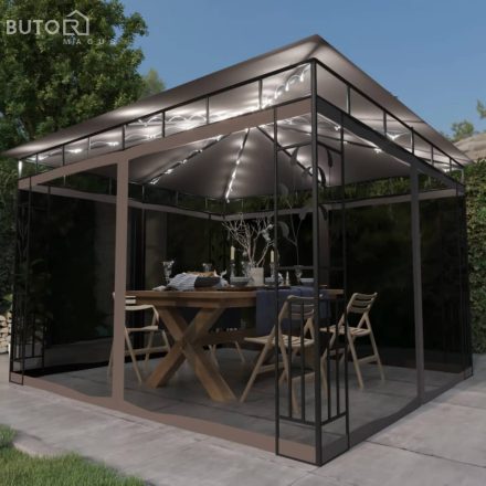 vidaXL tópszínű pavilon szúnyoghálóval/LED fényfüzérrel 3 x 3 x 2,73 m