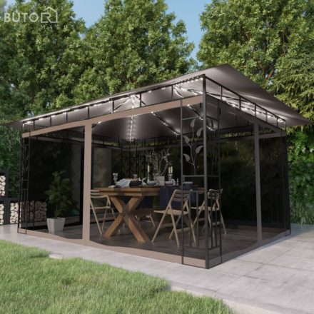 vidaXL tópszínű pavilon szúnyoghálóval/LED fényfüzérrel 4 x 3 x 2,73 m
