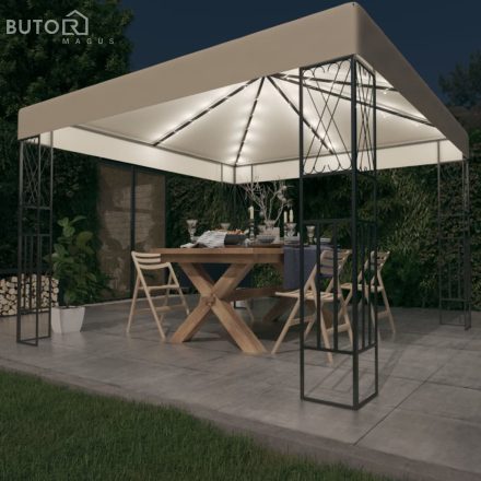 vidaXL krémszínű szövet pavilon LED fényfüzérrel 3 x 3 m