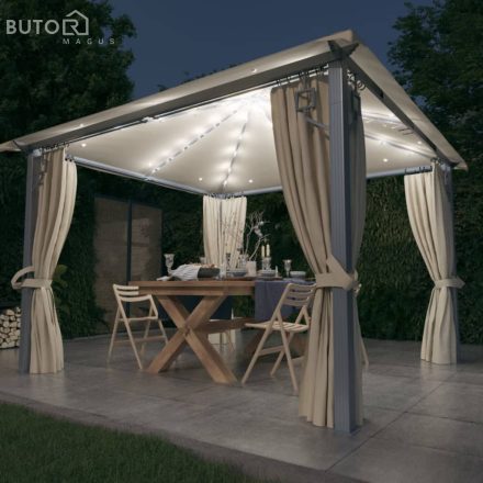 vidaXL krémszínű alumíniumpavilon függönnyel/LED fényfüzérrel 3 x 3 m