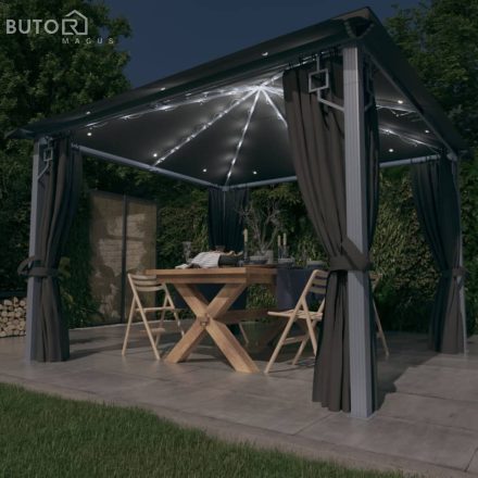 vidaXL antracit alumíniumpavilon függönnyel/LED fényfüzérrel 3 x 3 m