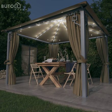 vidaXL tópszínű alumíniumpavilon függönnyel/LED fényfüzérrel 3 x 3 m