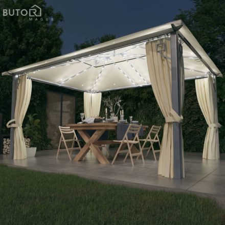 vidaXL krémszínű alumíniumpavilon függönnyel/LED fényfüzérrel 4 x 3 m
