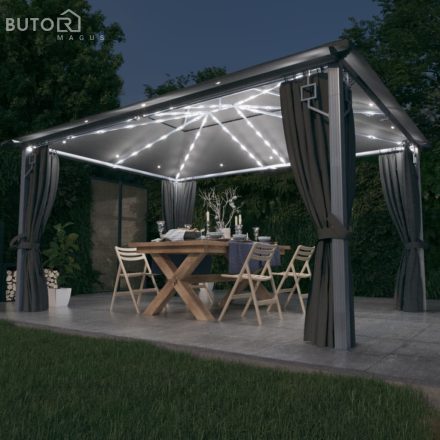 vidaXL antracit alumíniumpavilon függönnyel/LED fényfüzérrel 4 x 3 m