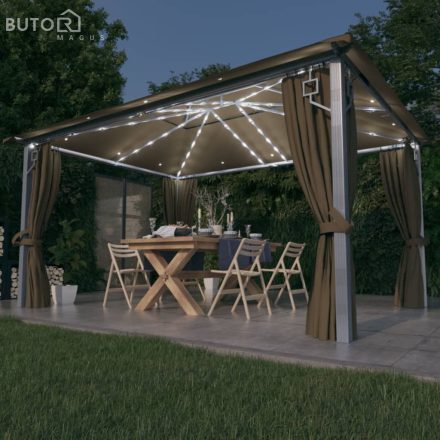 vidaXL tópszínű alumíniumpavilon függönnyel/LED fényfüzérrel 4 x 3 m