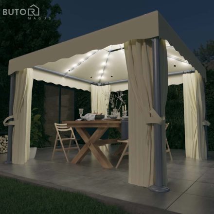vidaXL krémfehér pavilon függönnyel és LED fényfüzérrel 3 x 3 m