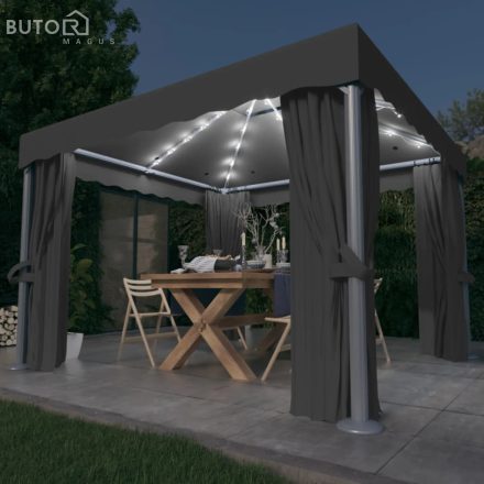 vidaXL antracitszürke pavilon függönnyel és LED fényfüzérrel 3 x 3 m