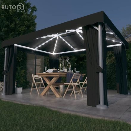 vidaXL antracitszürke pavilon függönnyel és LED fényfüzérrel 4 x 3 m