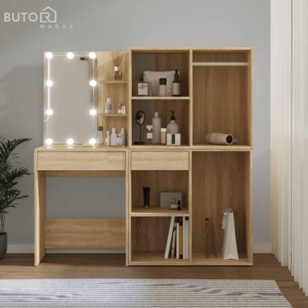 vidaXL sonoma színű szerelt fa LED-es fésülködőasztal 2 szekrénnyel