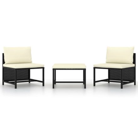 vidaXL 3 részes fekete polyrattan kerti ülőgarnitúra párnával