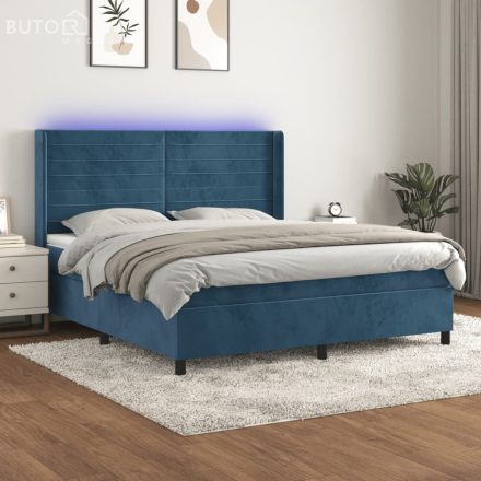 vidaXL sötétkék bársony rugós és LED-es ágy matraccal 180x200 cm