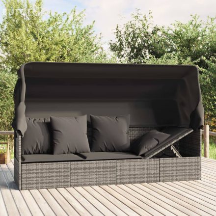 vidaXL szürke polyrattan kültéri társalgókanapé tetővel és párnákkal