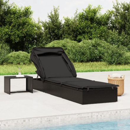 vidaXL fekete polyrattan napozóágy összecsukható tetővel 213x63x97 cm