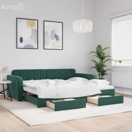 vidaXL sötétzöld kihúzható bársony heverő fiókkal 90 x 200 cm