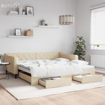 vidaXL krémszínű kihúzható szövet heverő fiókkal 100x200 cm